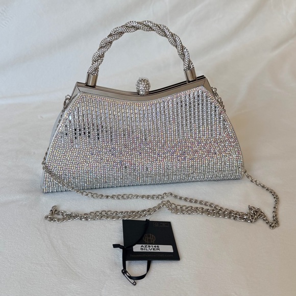 House of Harlow 1960 Metallic Silver Iridescent Rhinestone Beaded Handbag Purse - Picture 8 of 17